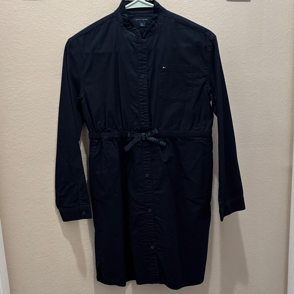 Navy Blue Button-Up Shirt Dress with Waist Tie size 16